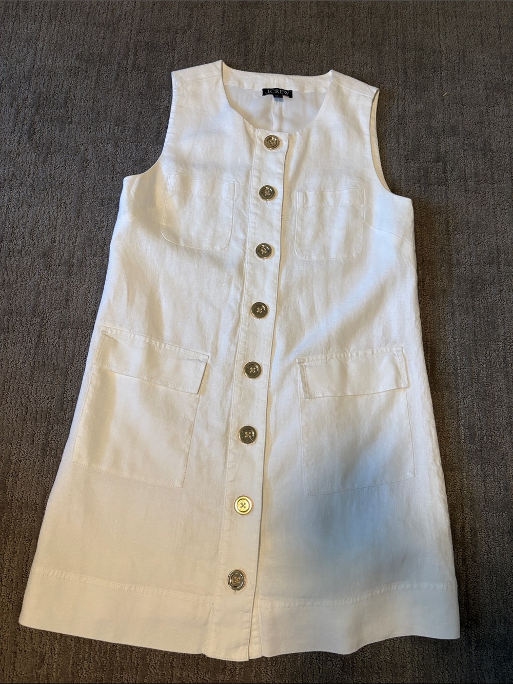 J. Crew White Sleeveless Button-Front Pocket Dress